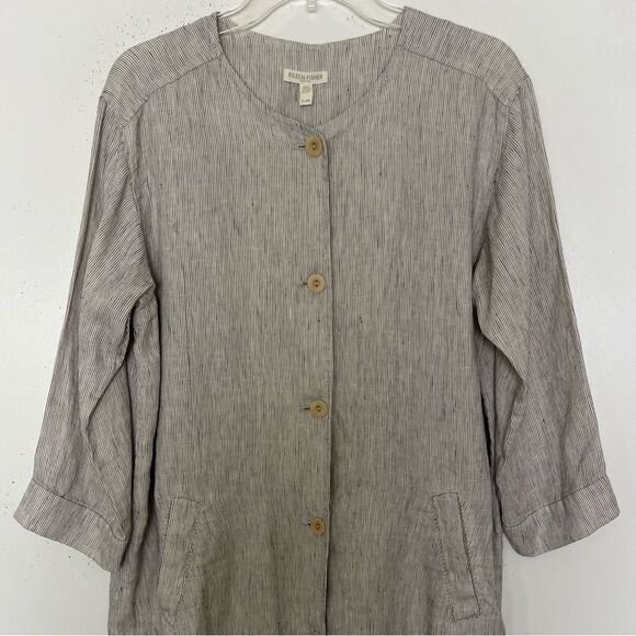 Eileen Fisher 100% Organic Linen Slub Pinstriped Long Sleeve Jacket Petite Large - Picture 3 of 11